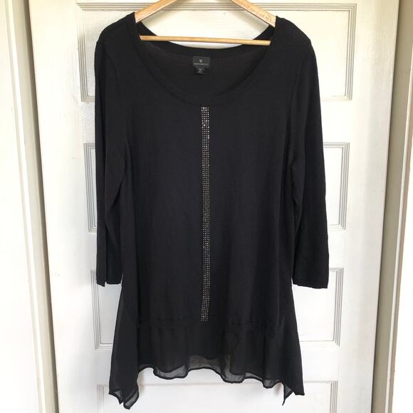 Worthington Black Long Sleeve Blouse Studded Sheer Chiffon Layer Hem Tunic XL - Picture 1 of 9